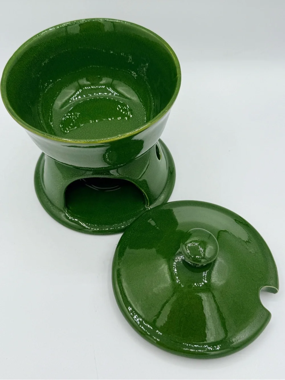 Vintage Pottery Barn Sausalito Green Stoneware Butter Warmer Set Portugal